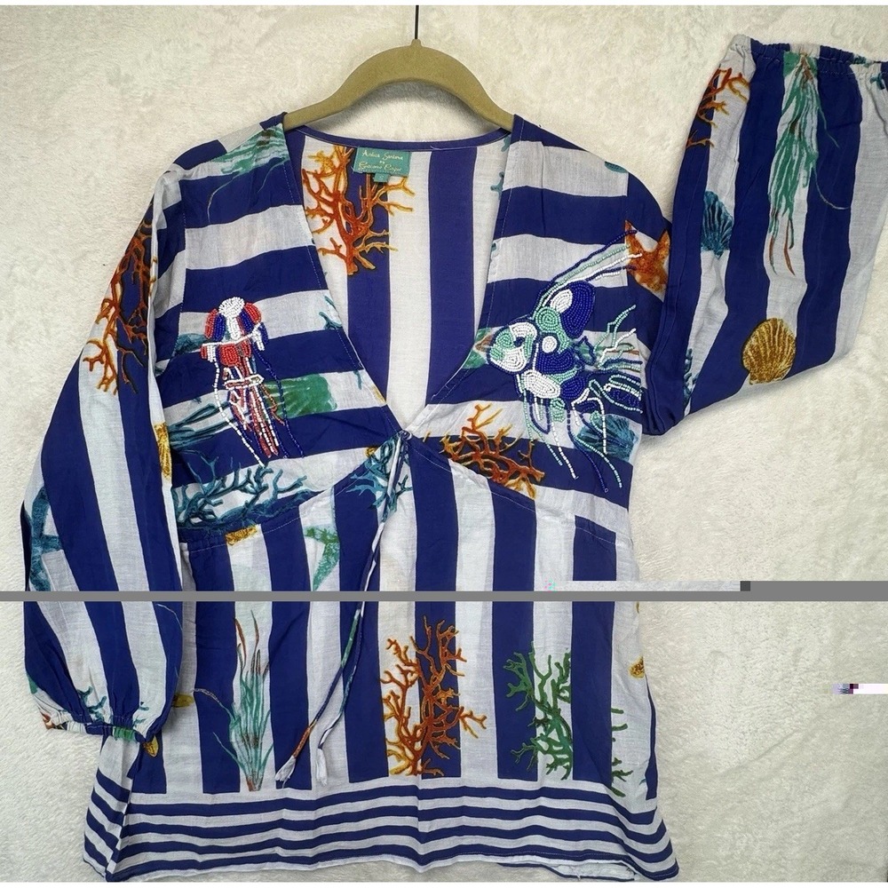 Antica Sartoria Giacomo Cinque Beaded Tropical Blouse Women's S Blue Resort